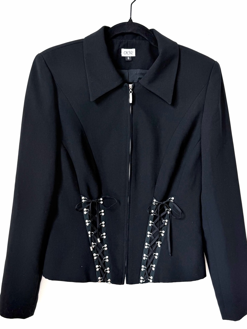 Cache Black Zip-Front Jacket with Pearl-Accent Lace-up Waist